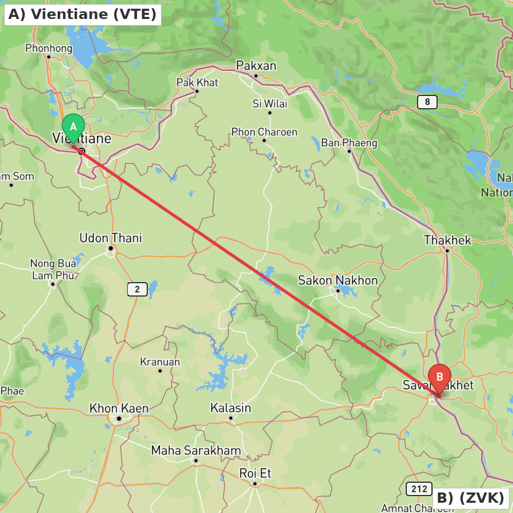Flight route map from Vientiane to Savannakhet Airport