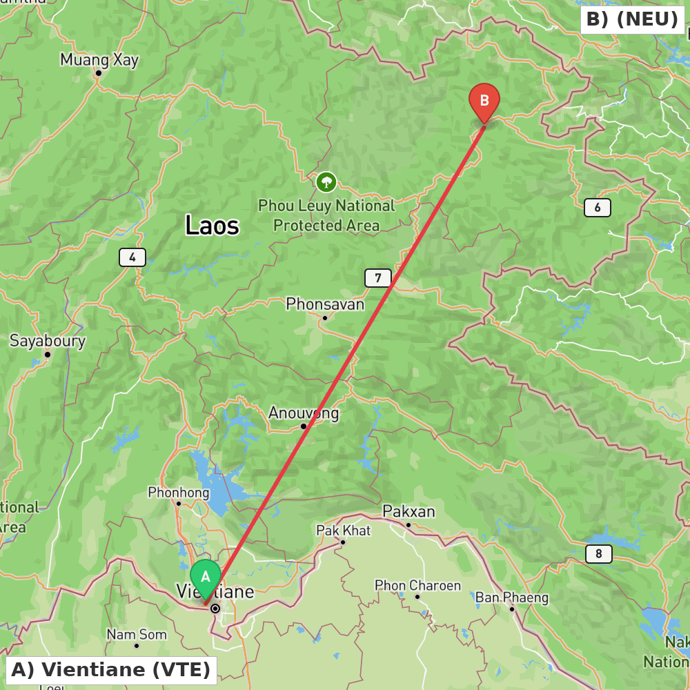 Flight route map from Vientiane to Sam Neua Airport