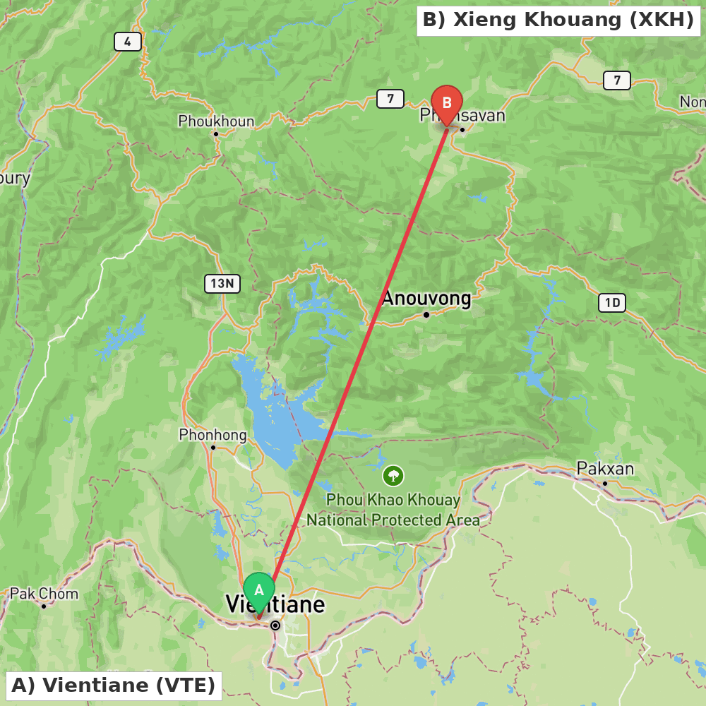 Flight route map from Vientiane to Xieng Khouang