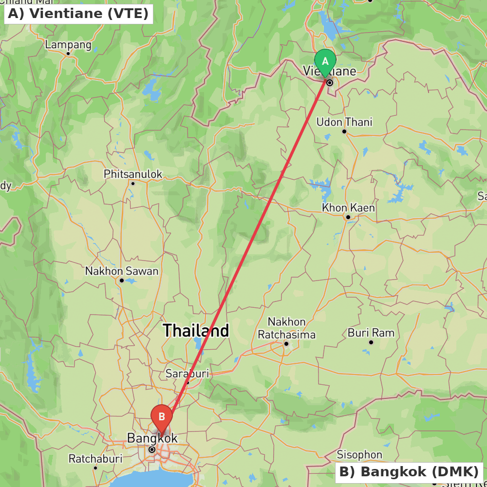 Flight route map from Vientiane to Bangkok