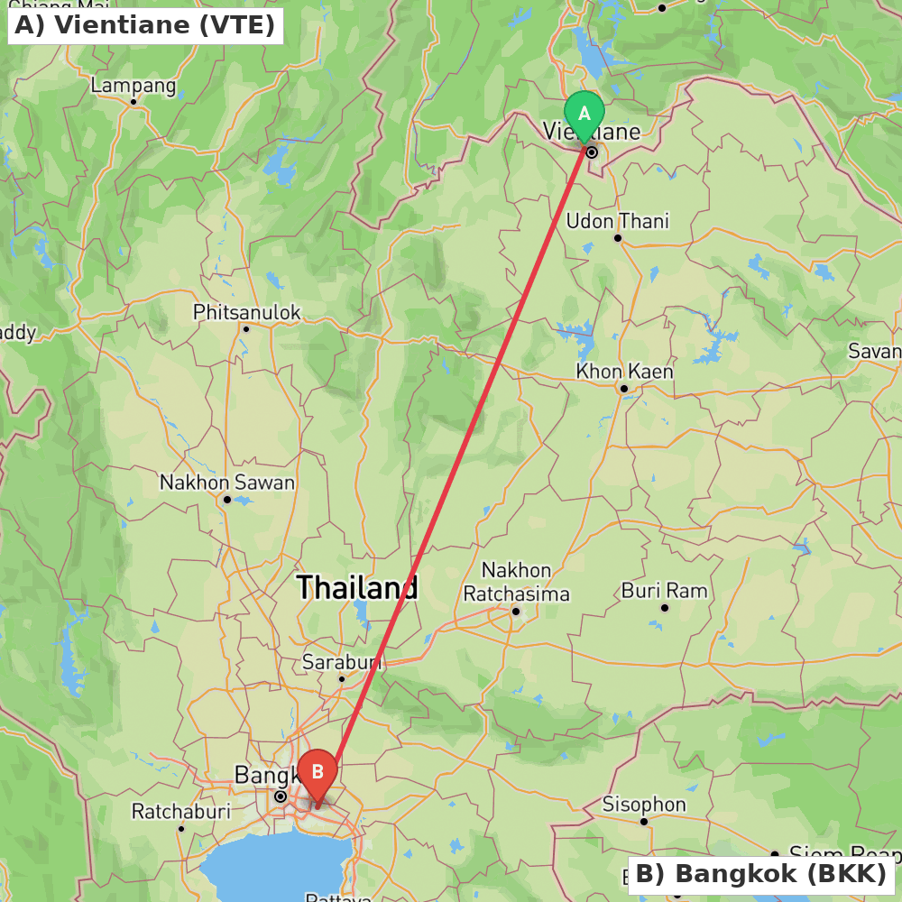 Flight route map from Vientiane to Bangkok