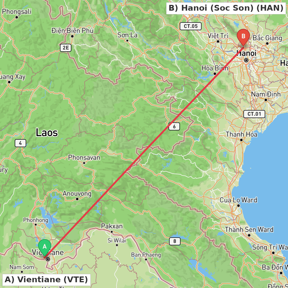 Flight route map from Vientiane to Hanoi (Soc Son)
