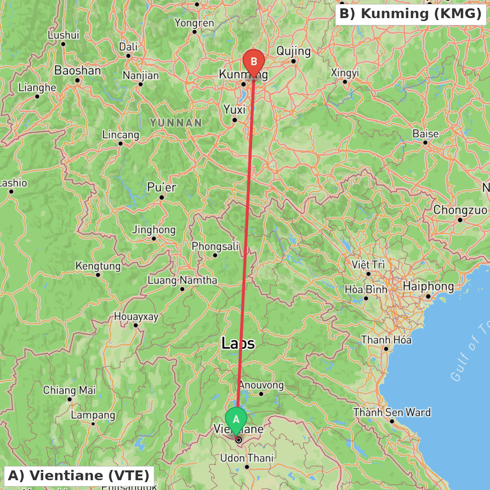 Flight route map from Vientiane to Kunming