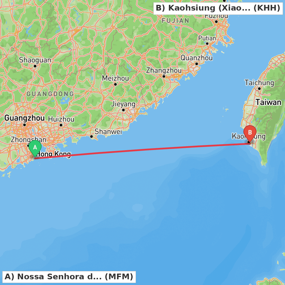 Flight route map from Nossa Senhora do Carmo to Kaohsiung (Xiaogang)