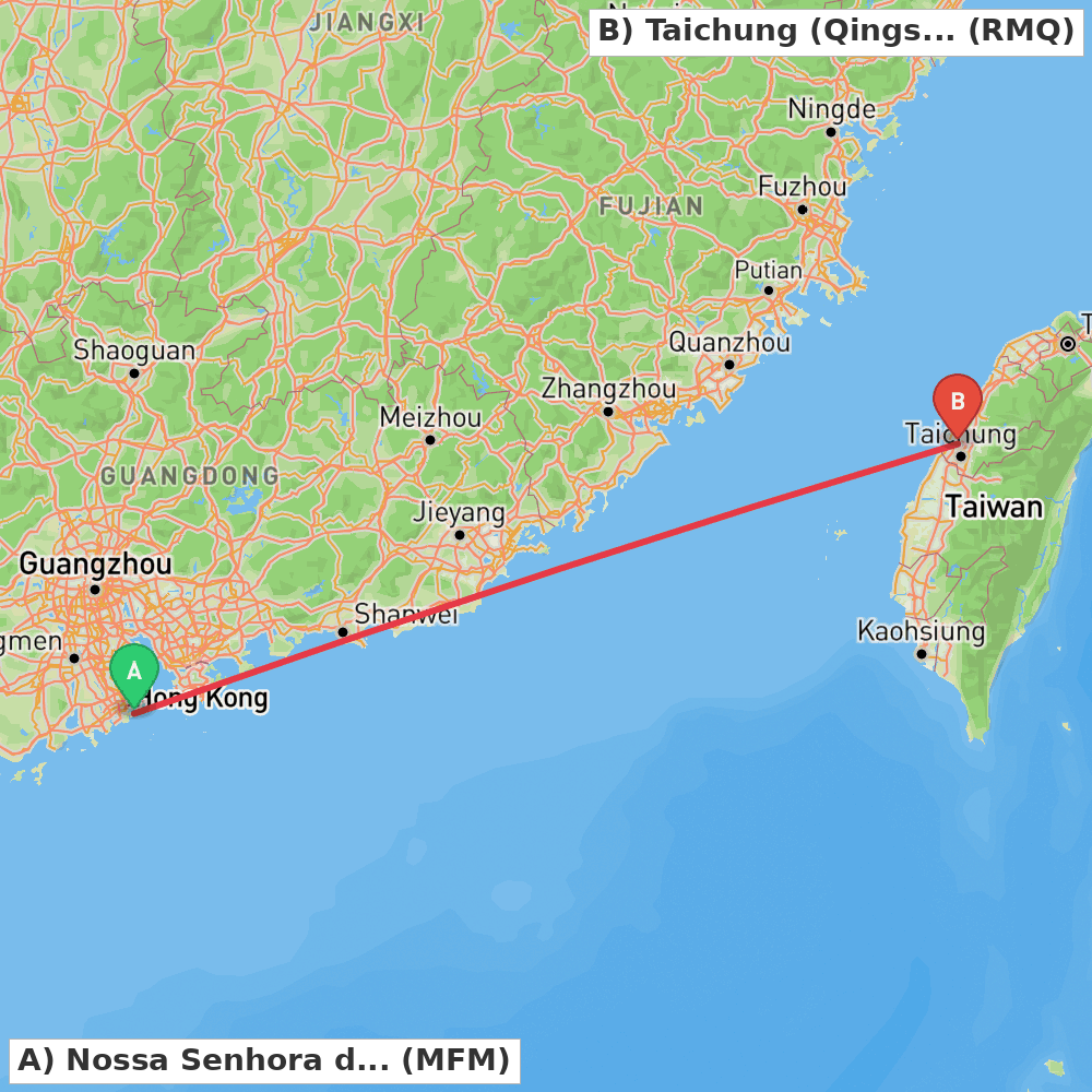 Flight route map from Nossa Senhora do Carmo to Taichung (Qingshui)