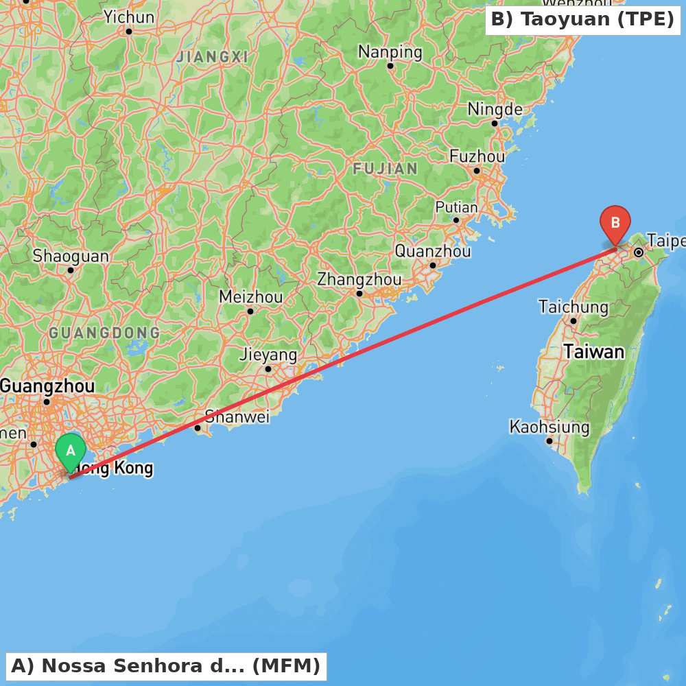 Flight route map from Nossa Senhora do Carmo to Taoyuan