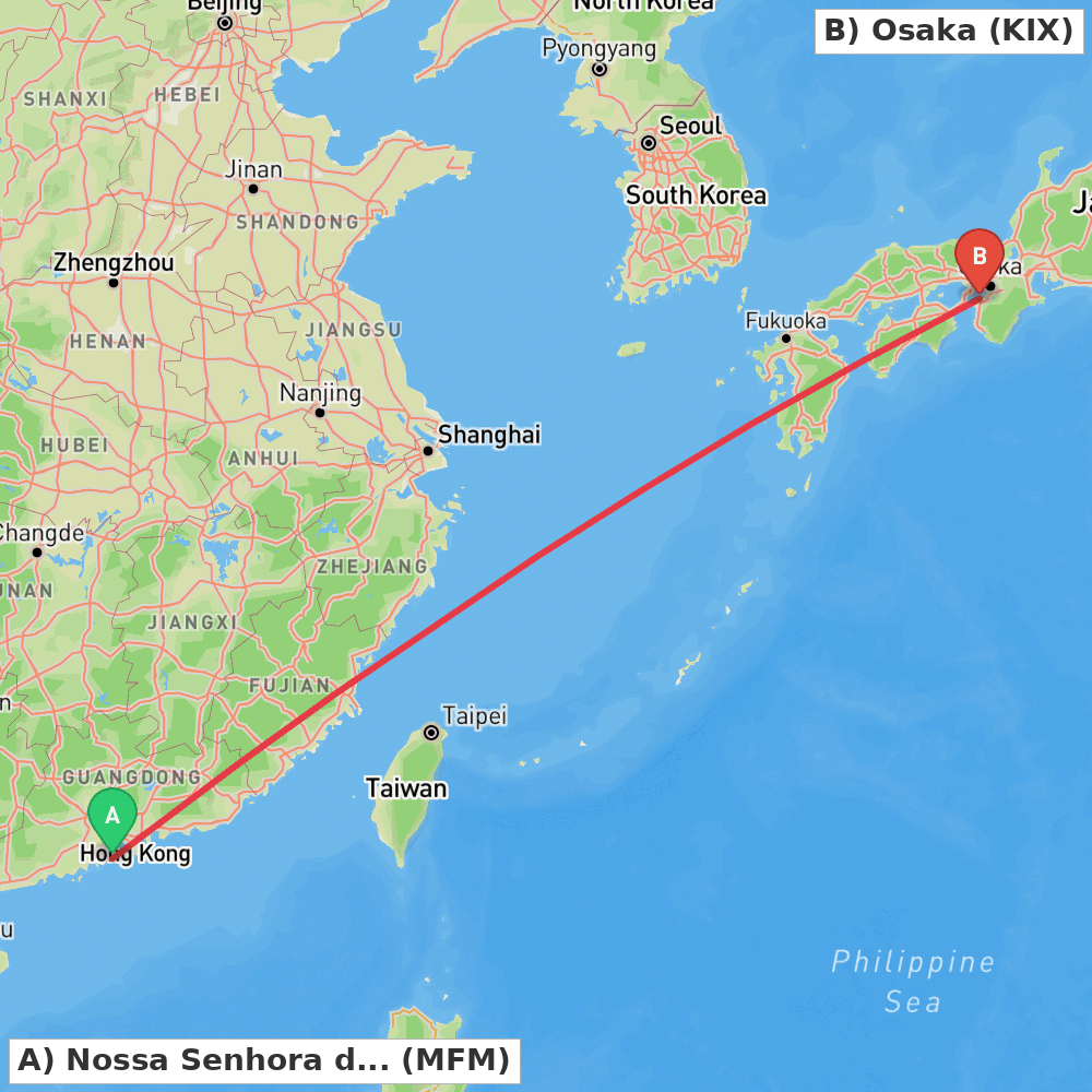 Flight route map from Nossa Senhora do Carmo to Osaka