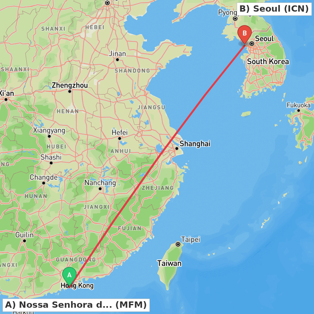 Flight route map from Nossa Senhora do Carmo to Seoul