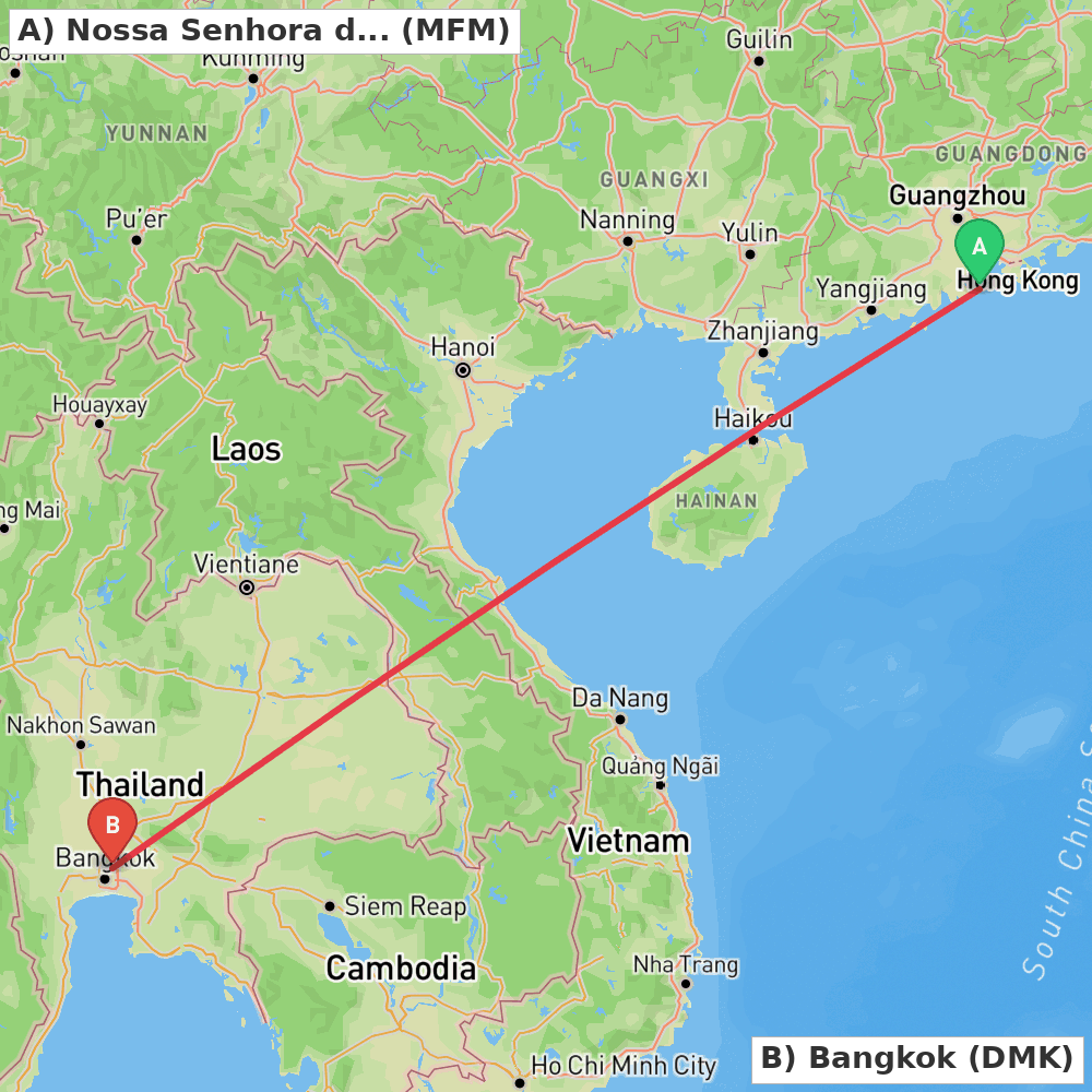 Flight route map from Nossa Senhora do Carmo to Bangkok