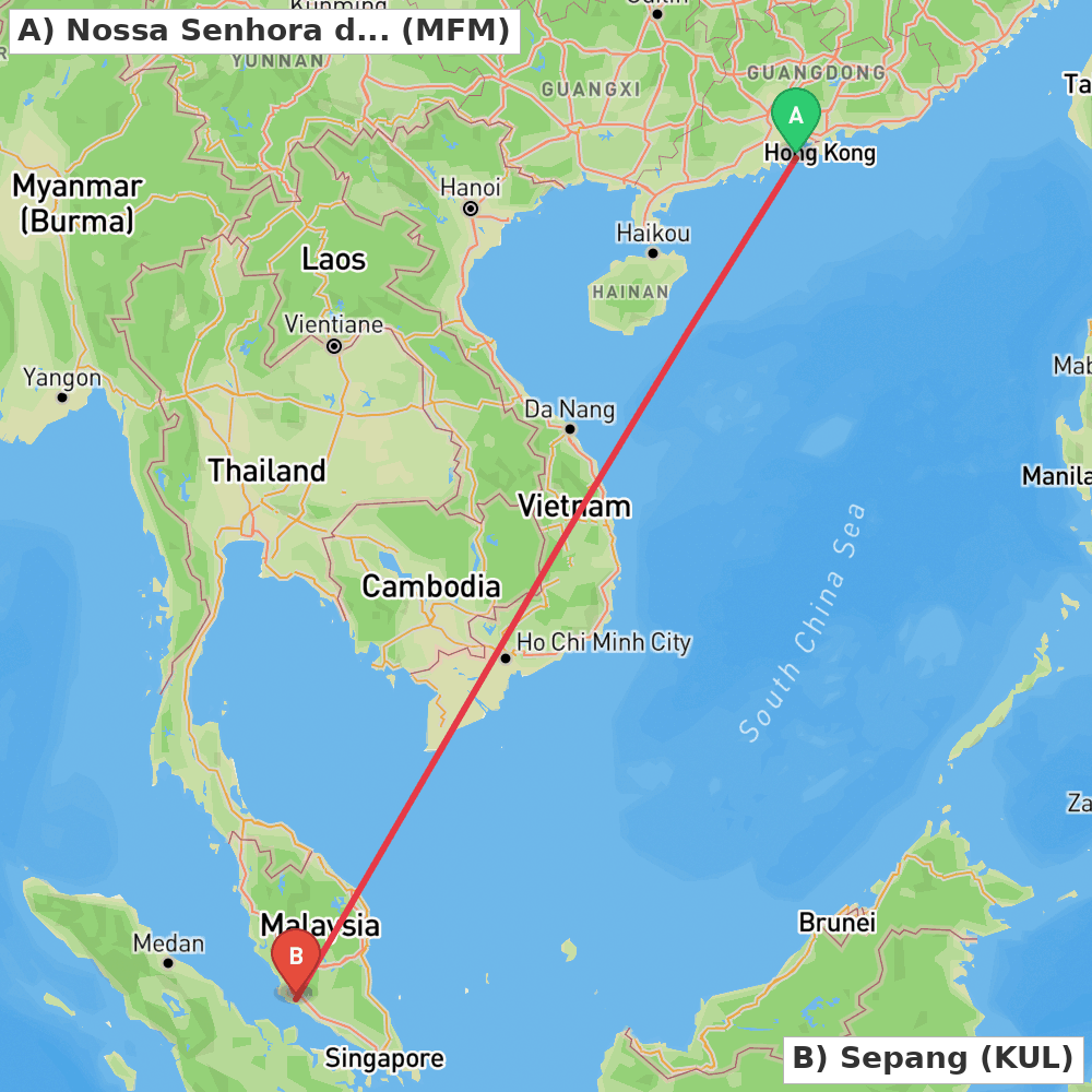 Flight route map from Nossa Senhora do Carmo to Sepang