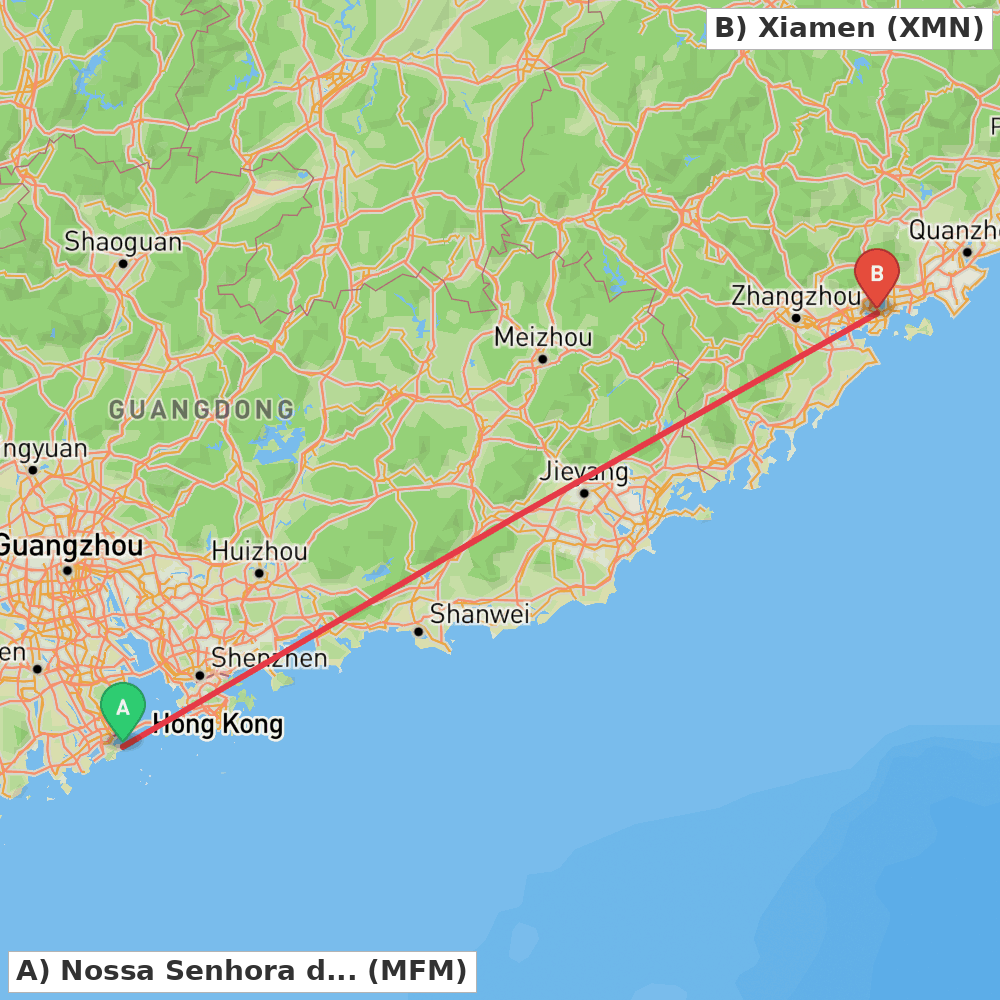 Flight route map from Nossa Senhora do Carmo to Xiamen