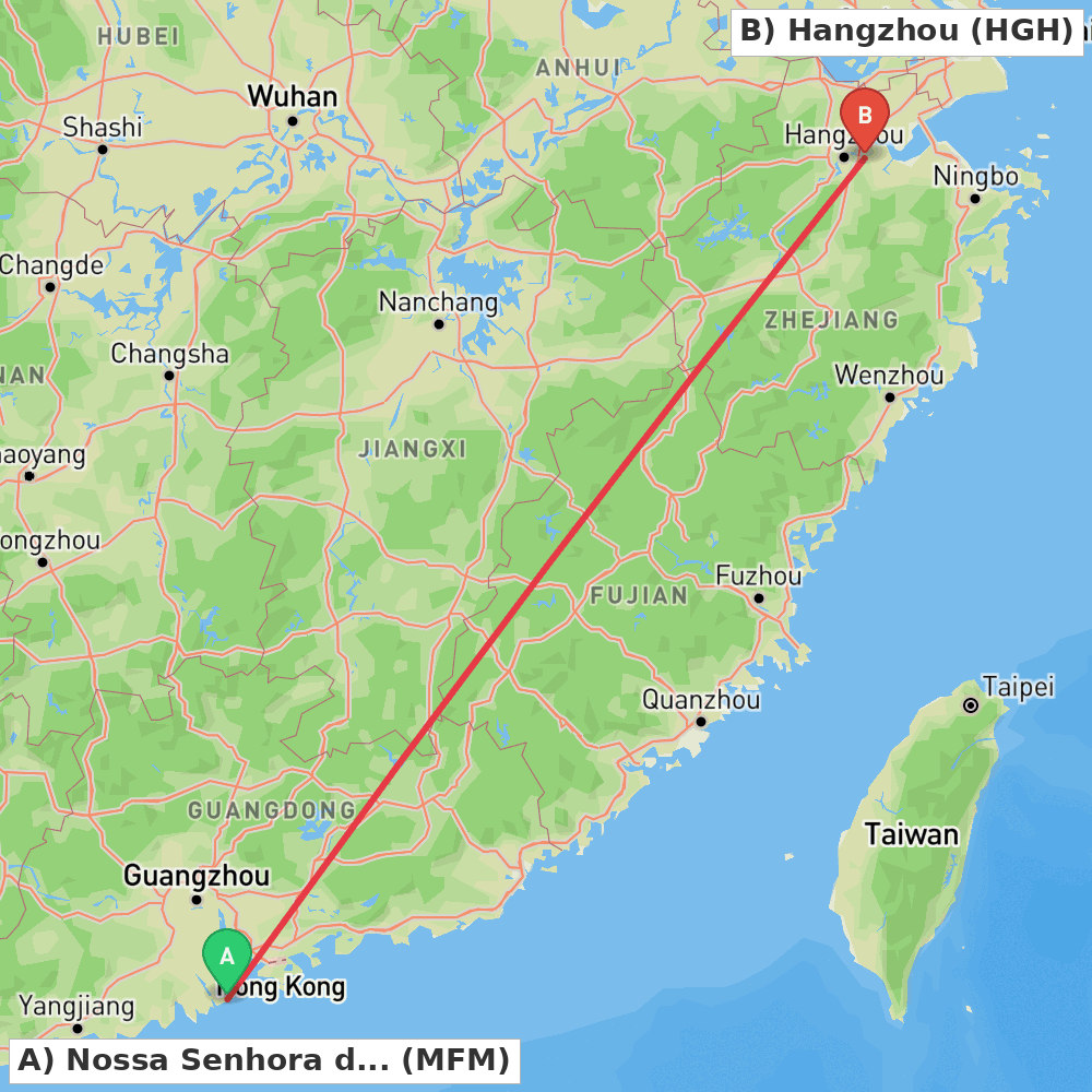Flight route map from Nossa Senhora do Carmo to Hangzhou