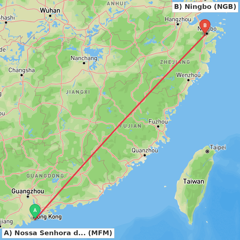 Flight route map from Nossa Senhora do Carmo to Ningbo