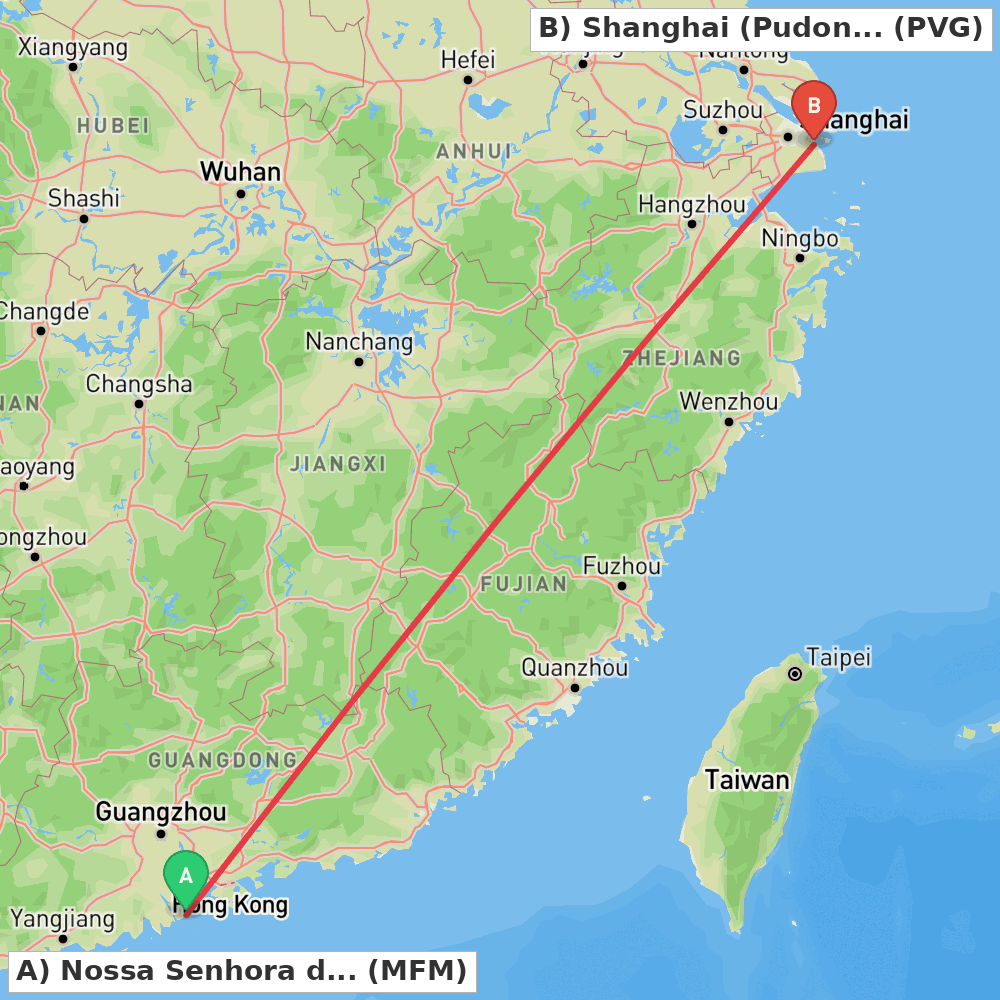 Flight route map from Nossa Senhora do Carmo to Shanghai (Pudong)