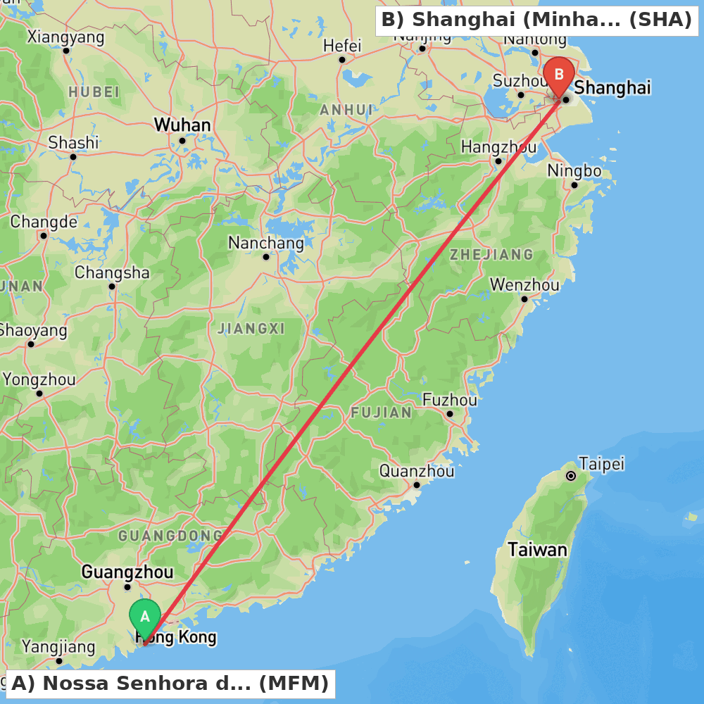 Flight route map from Nossa Senhora do Carmo to Shanghai (Minhang)