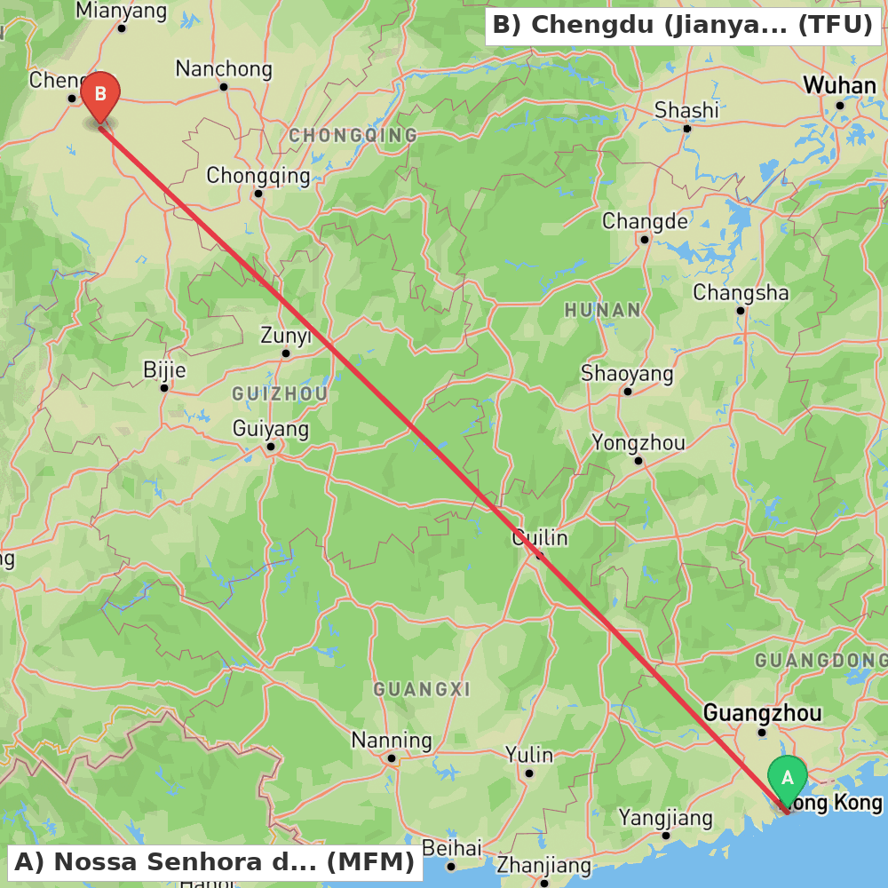 Flight route map from Nossa Senhora do Carmo to Chengdu (Jianyang)