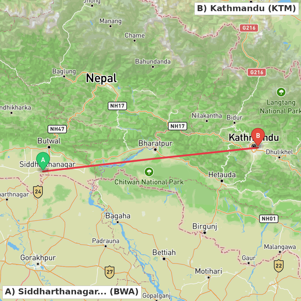Flight route map from Siddharthanagar (Bhairahawa) to Kathmandu