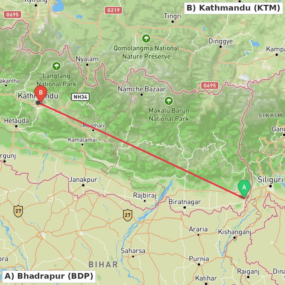 Flight route map from Bhadrapur to Kathmandu