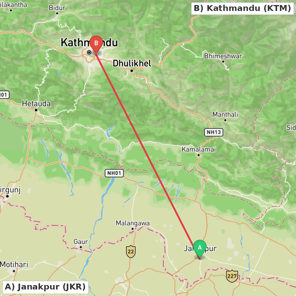 Flight route map from Janakpur to Kathmandu