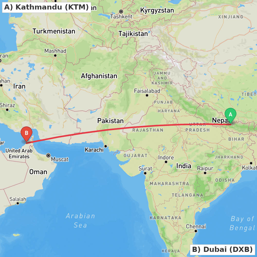 Flight route map from Kathmandu to Dubai