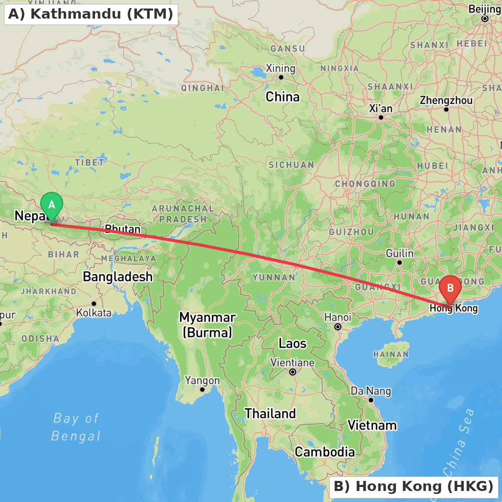 Flight route map from Kathmandu to Hong Kong