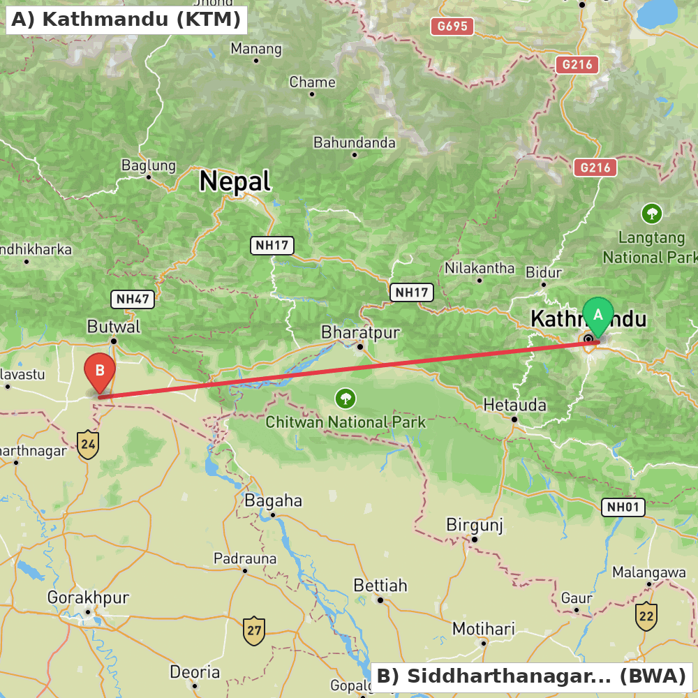Flight route map from Kathmandu to Siddharthanagar (Bhairahawa)
