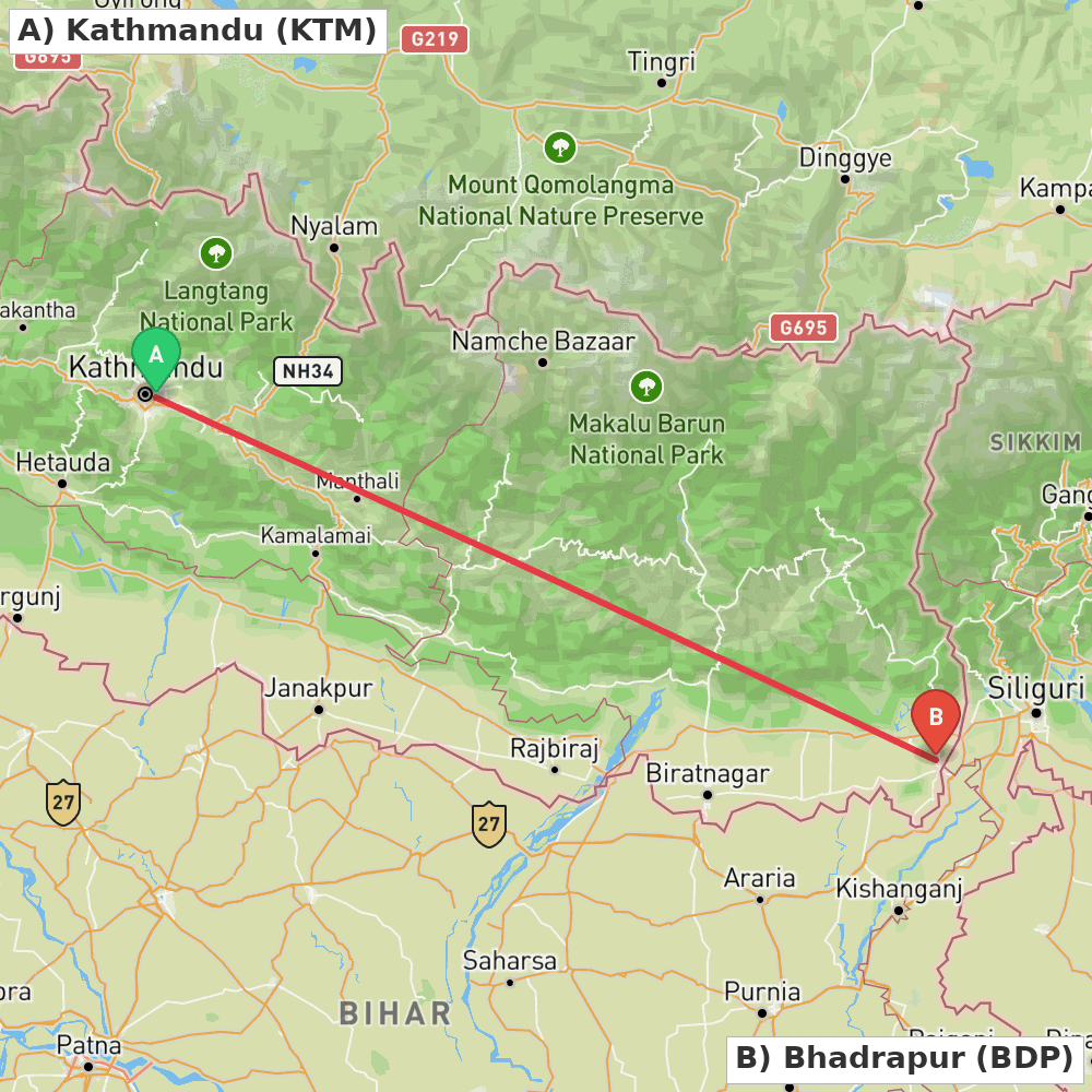 Flight route map from Kathmandu to Bhadrapur