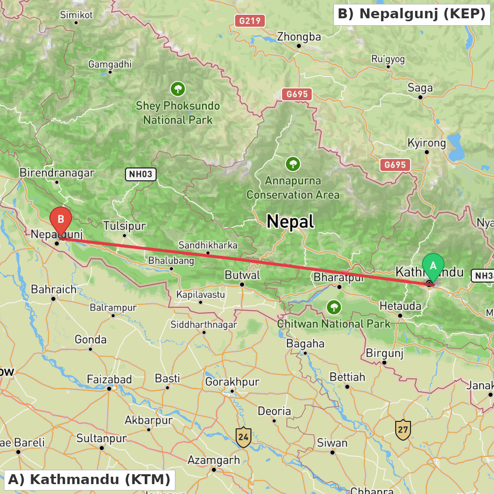 Flight route map from Kathmandu to Nepalgunj