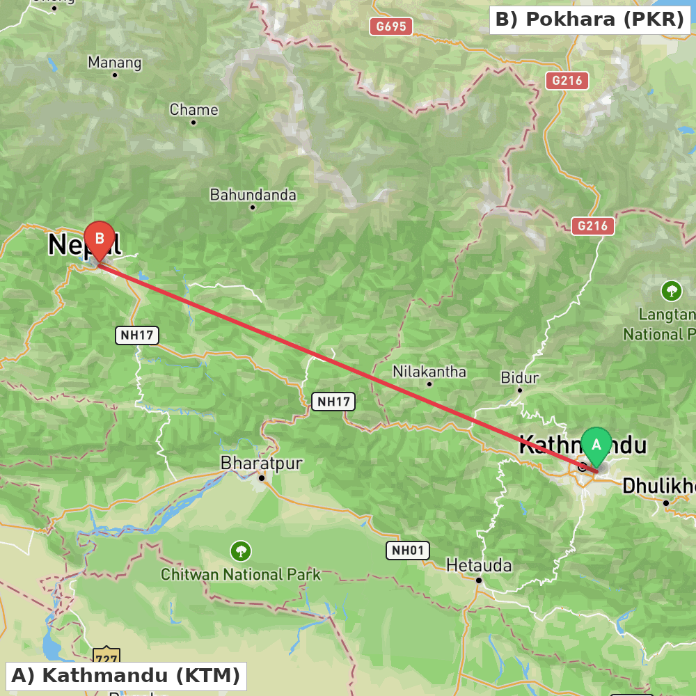 Flight route map from Kathmandu to Pokhara