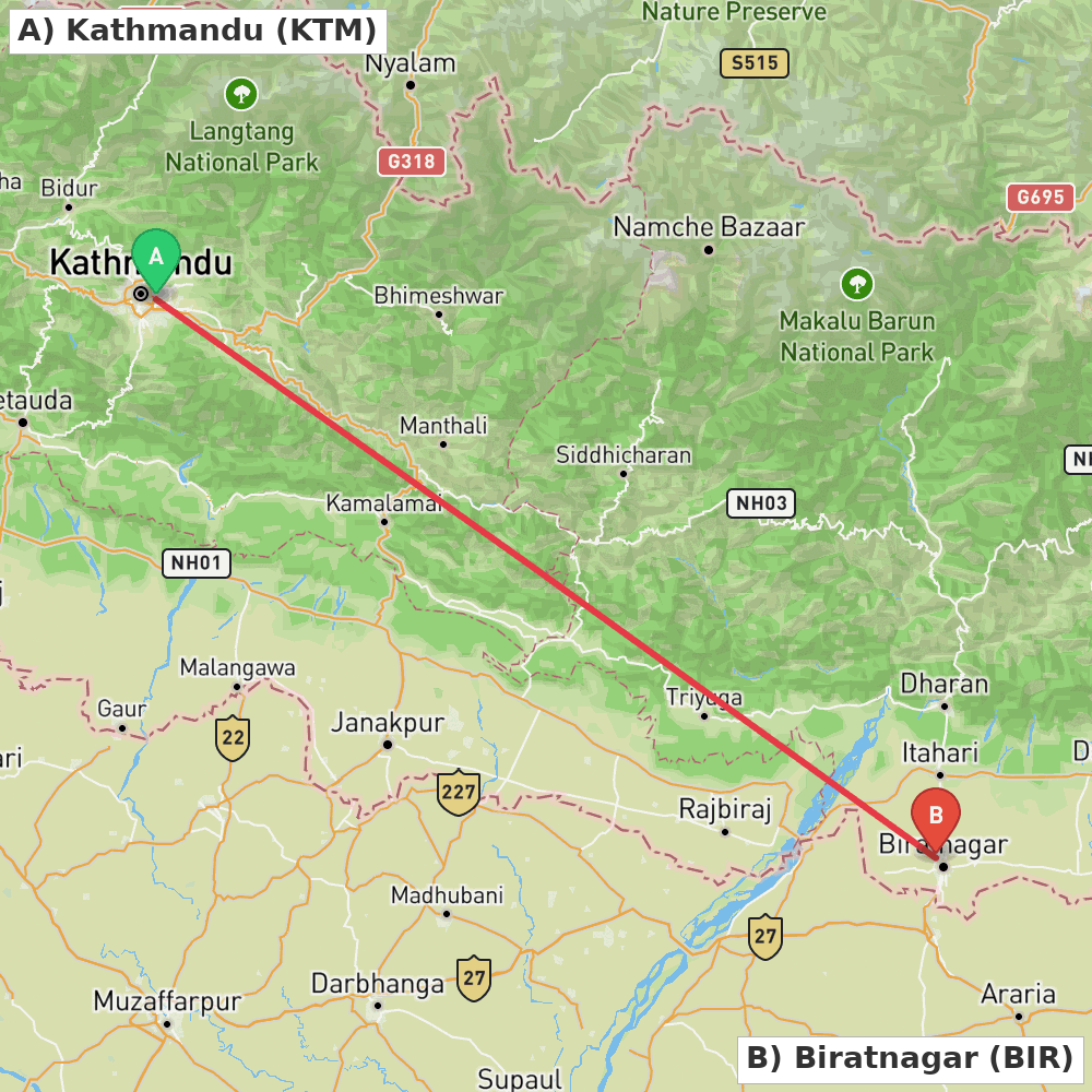 Flight route map from Kathmandu to Biratnagar