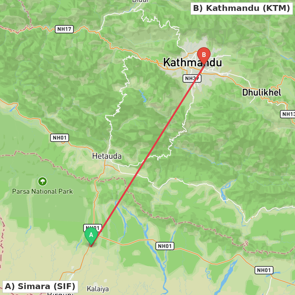 Flight route map from Simara to Kathmandu