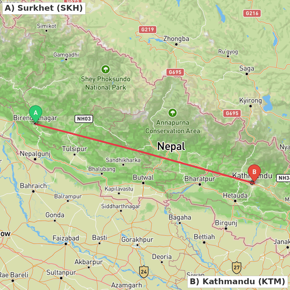 Flight route map from Surkhet to Kathmandu