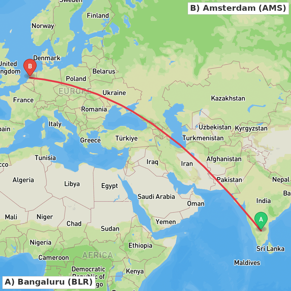 Flight route map from Bangaluru to Amsterdam