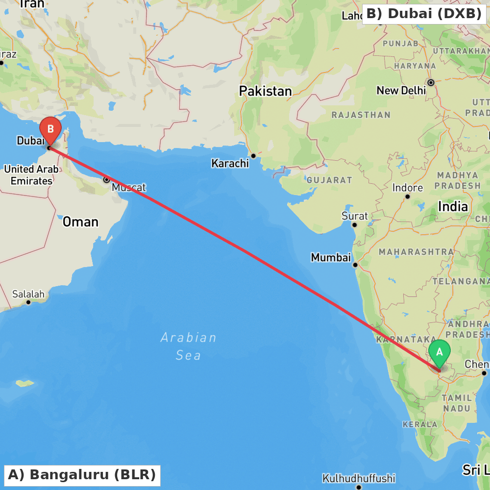 Flight route map from Bangaluru to Dubai