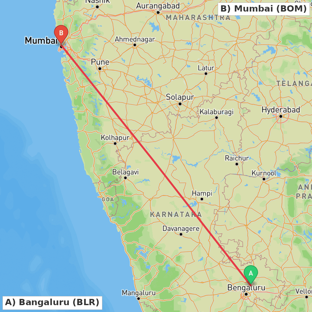 Flight route map from Bangaluru to Mumbai