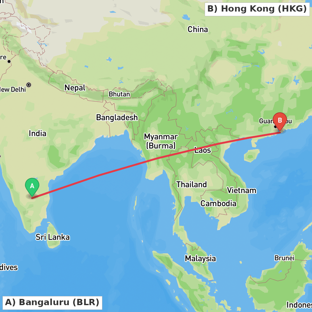 Flight route map from Bangaluru to Hong Kong