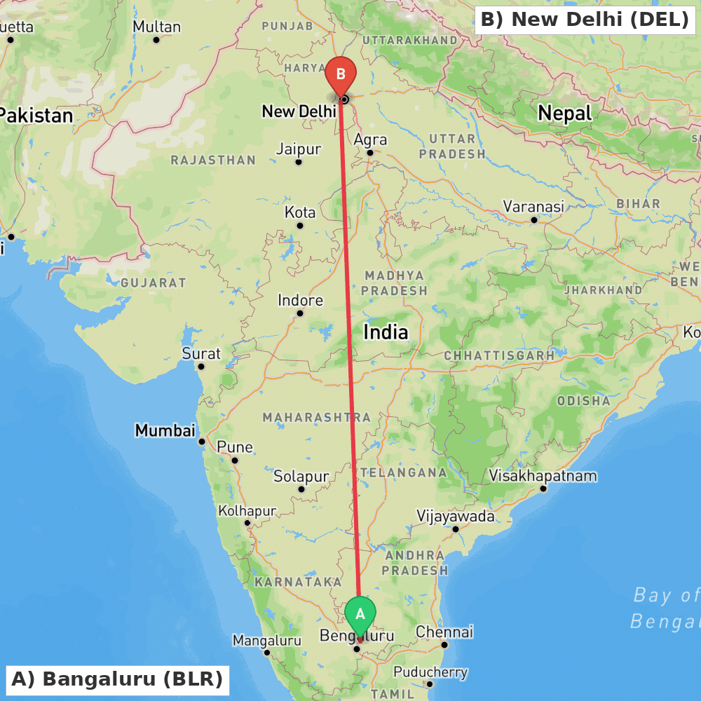Flight route map from Bangaluru to New Delhi