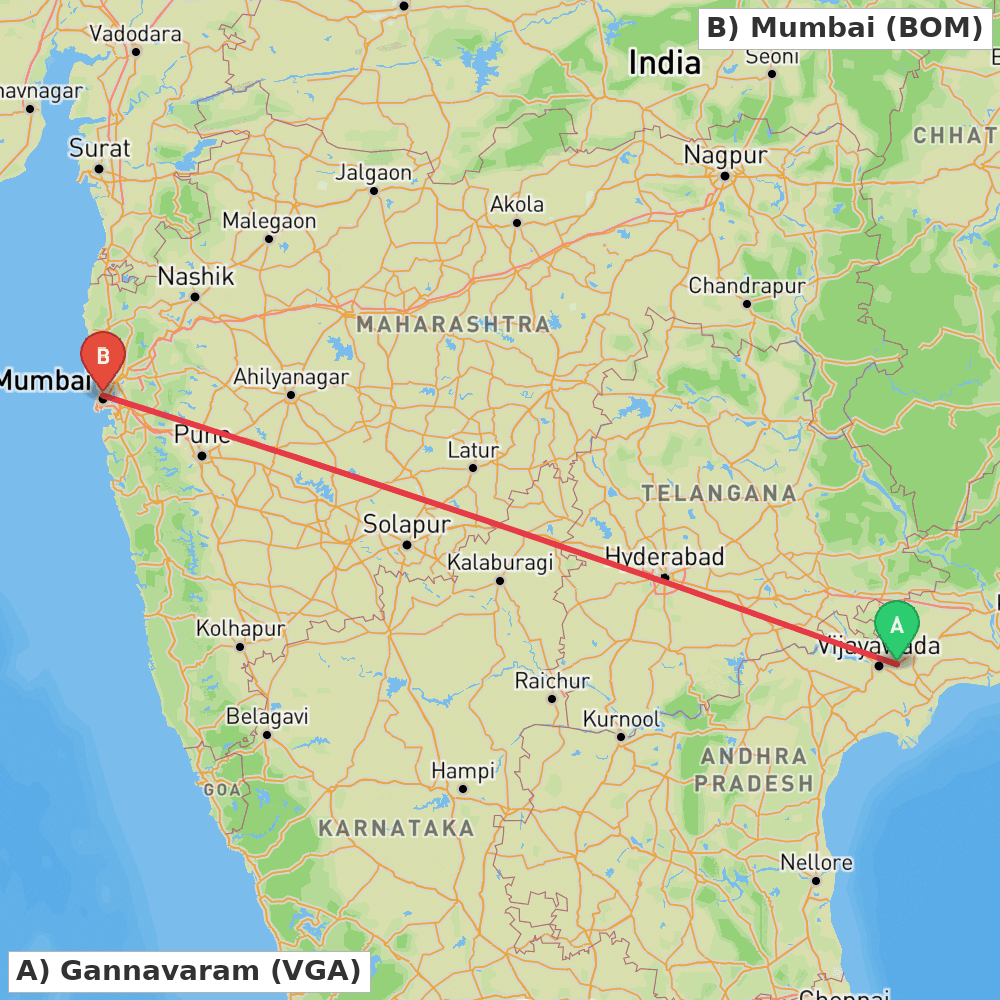 Flight route map from Gannavaram to Mumbai