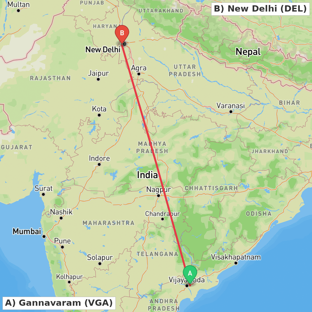 Flight route map from Gannavaram to New Delhi