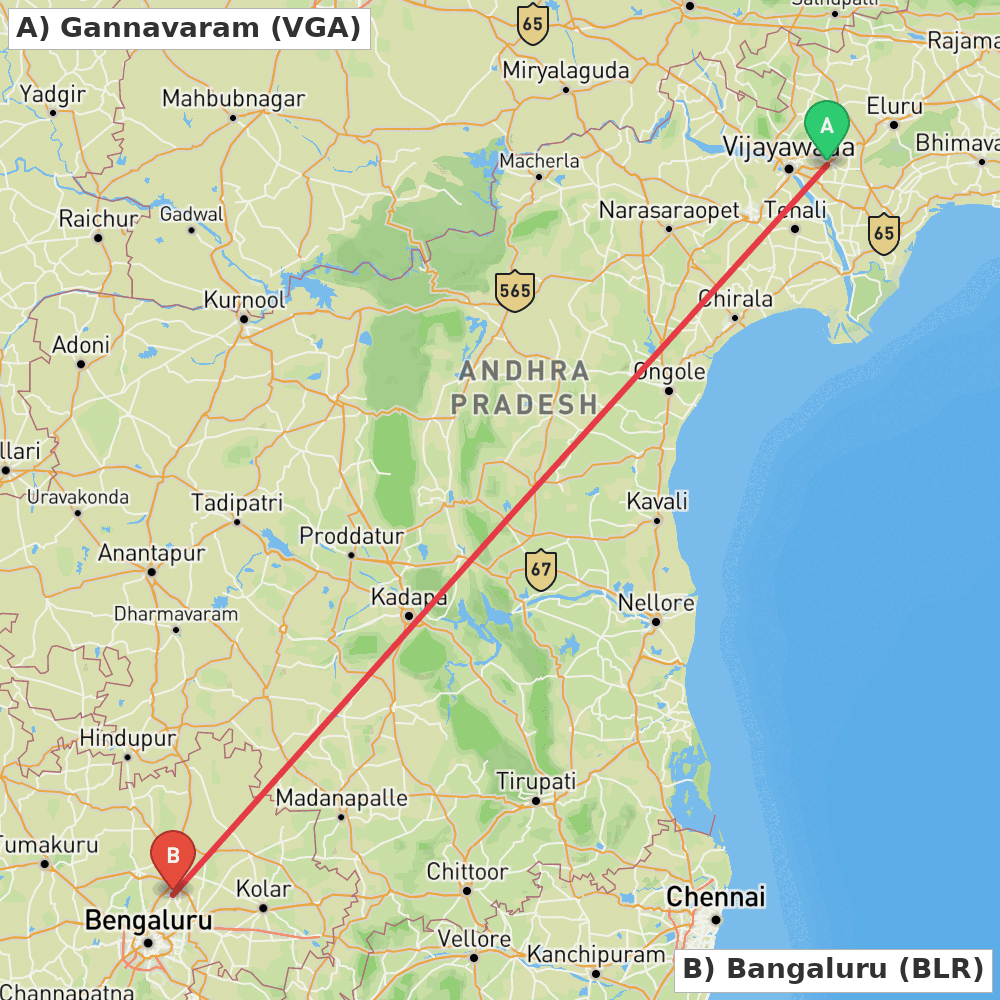 Flight route map from Gannavaram to Bangaluru