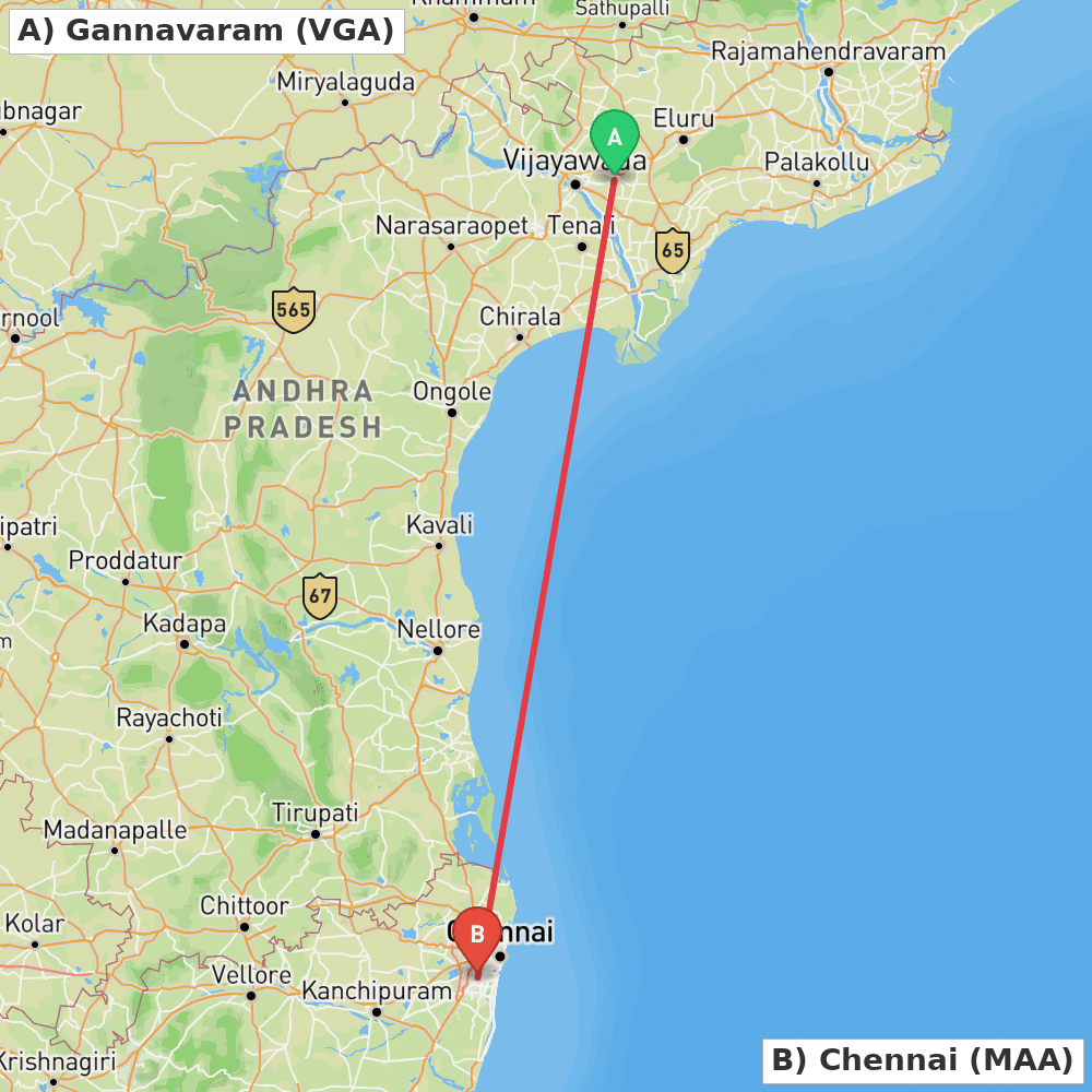 Flight route map from Gannavaram to Chennai