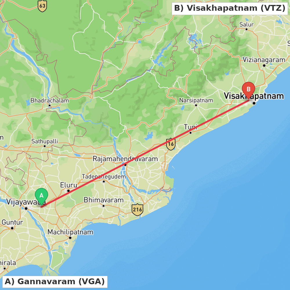 Flight route map from Gannavaram to Visakhapatnam