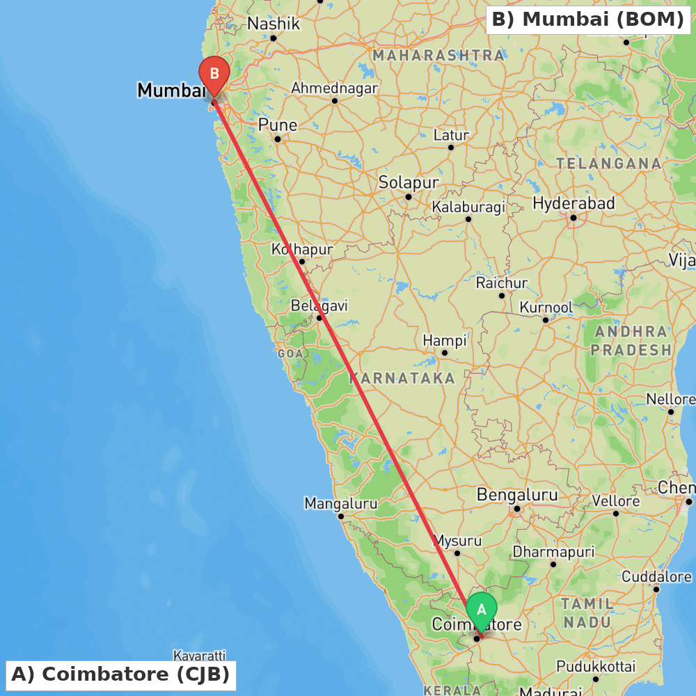 Flight route map from Coimbatore to Mumbai