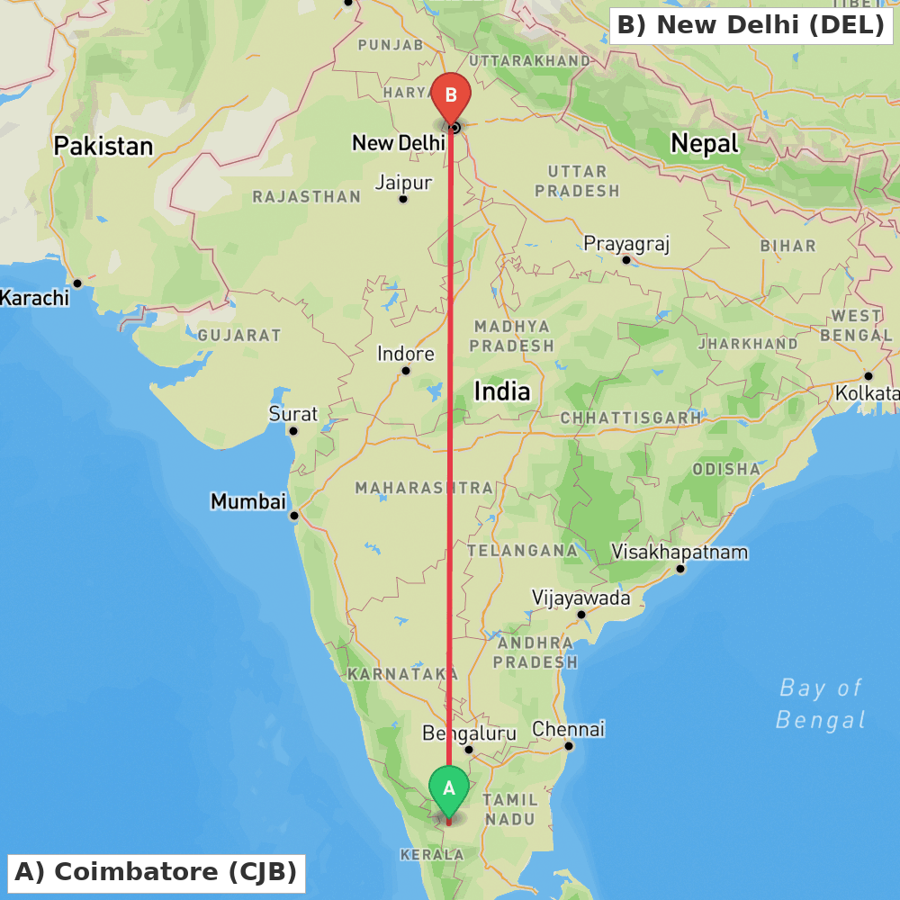 Flight route map from Coimbatore to New Delhi