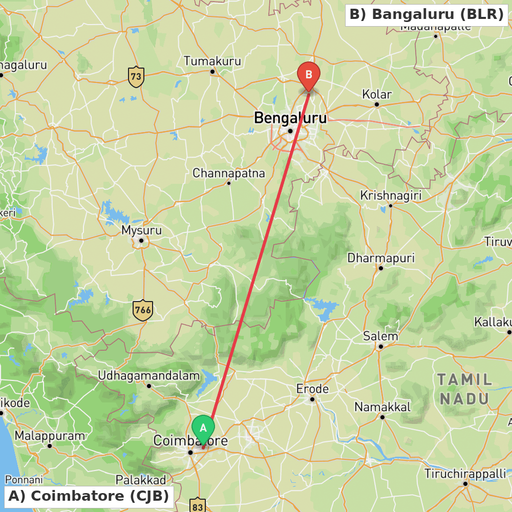 Flight route map from Coimbatore to Bangaluru