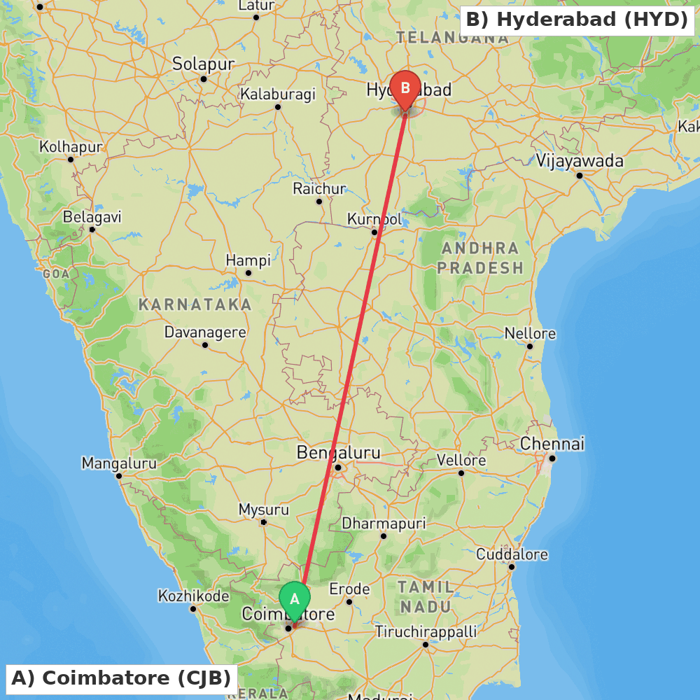 Flight route map from Coimbatore to Hyderabad