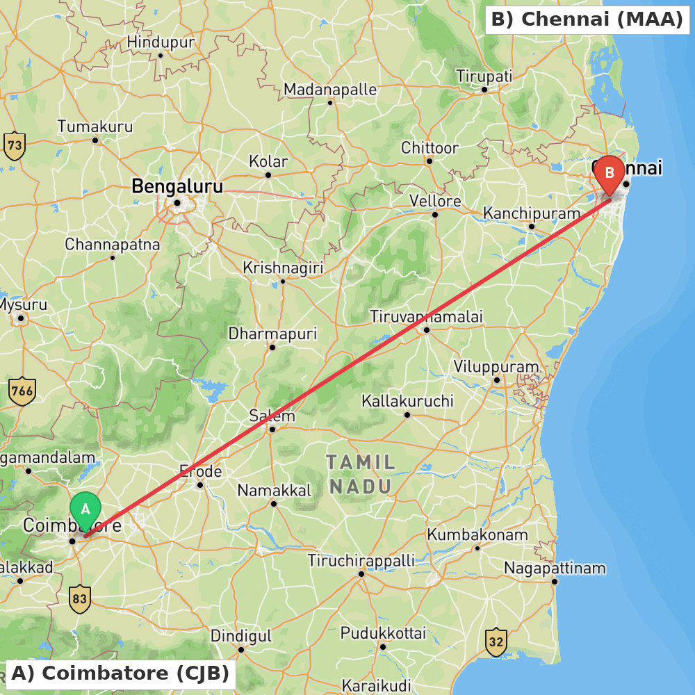 Flight route map from Coimbatore to Chennai