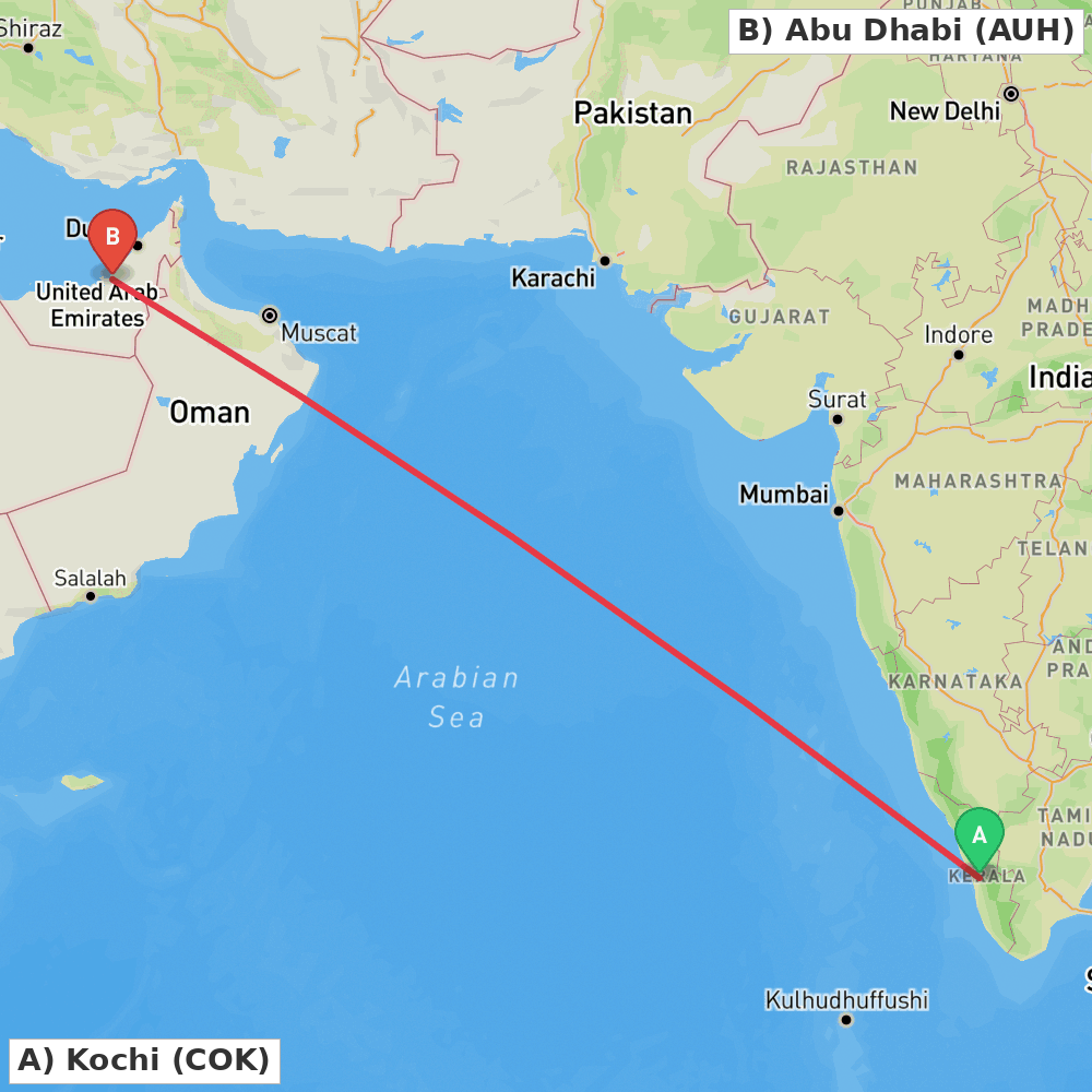 Flight route map from Kochi to Abu Dhabi