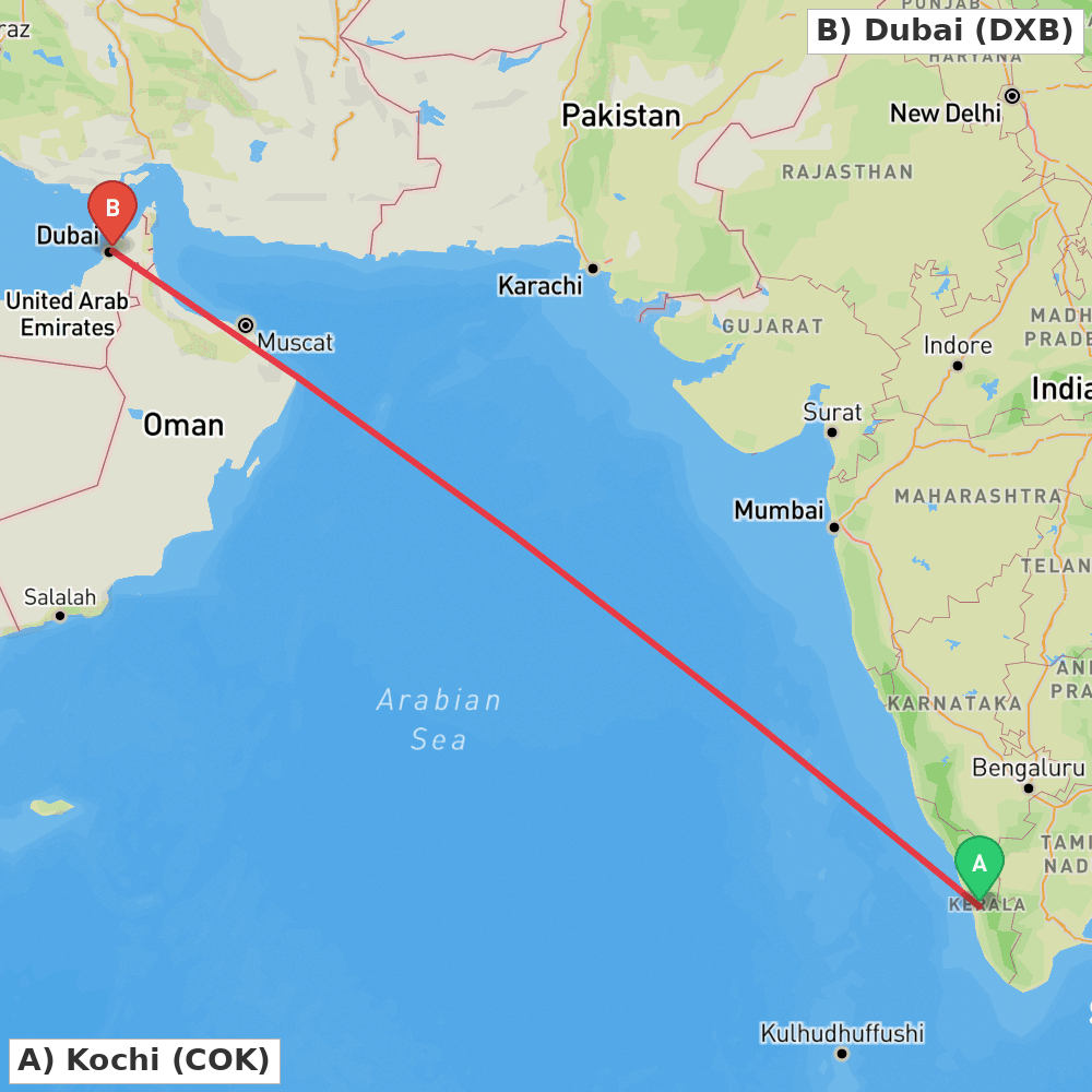 Flight route map from Kochi to Dubai