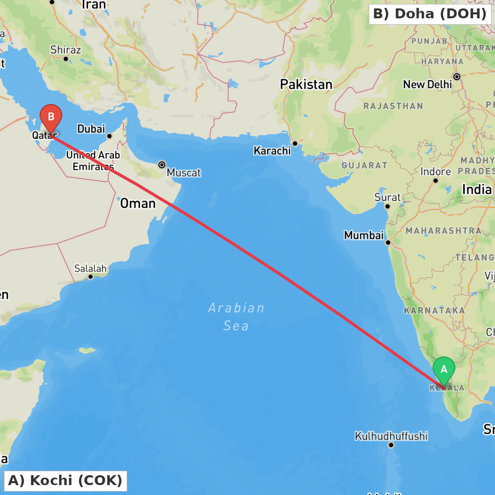Flight route map from Kochi to Doha